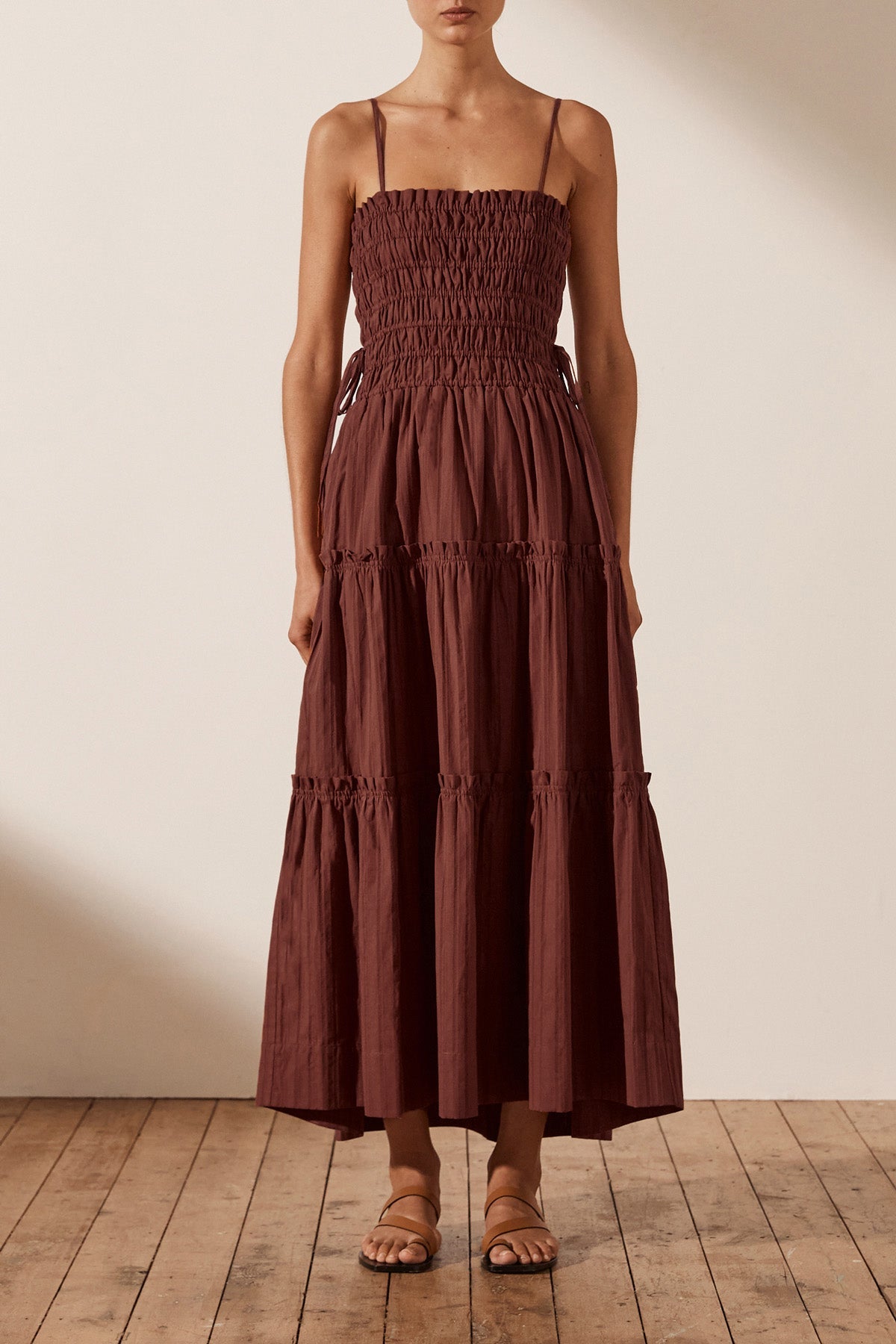 Kaia Shirred Tiered Midi Dress ...